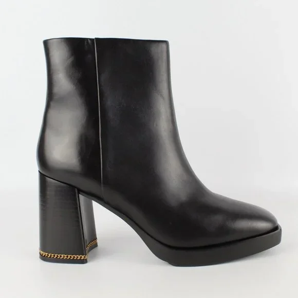 New TORY BURCH High Heel Leather Booties- Ankle Boots with Chain Accent